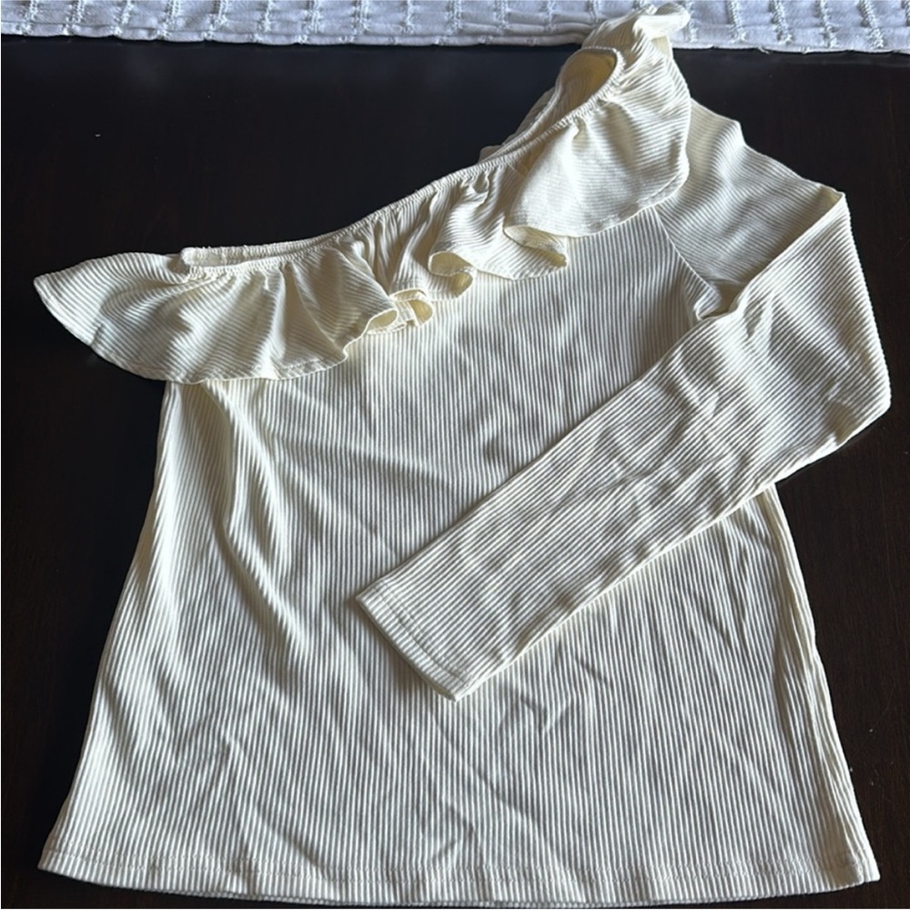J. Crew Cream One-Shoulder Ruffle Ribbed Top - Picture 5 of 6